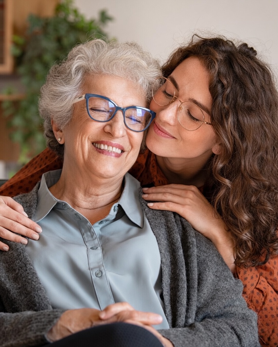 Grandmother and granddaughter embracing
