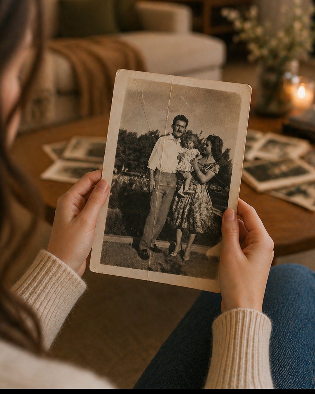 Hands holding a vintage family photograph